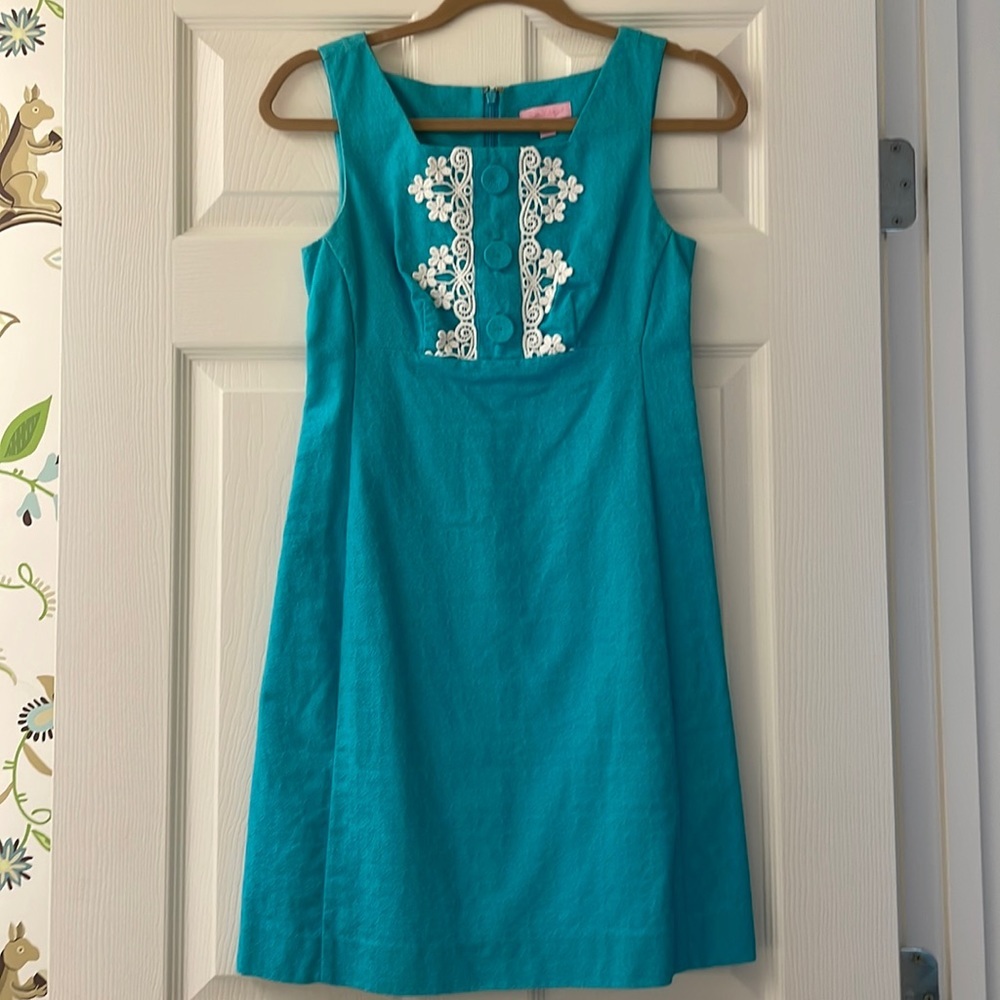 Lilly Pulitzer Woman's Adelson Jacquard Shift Dress Turquoise w/ White